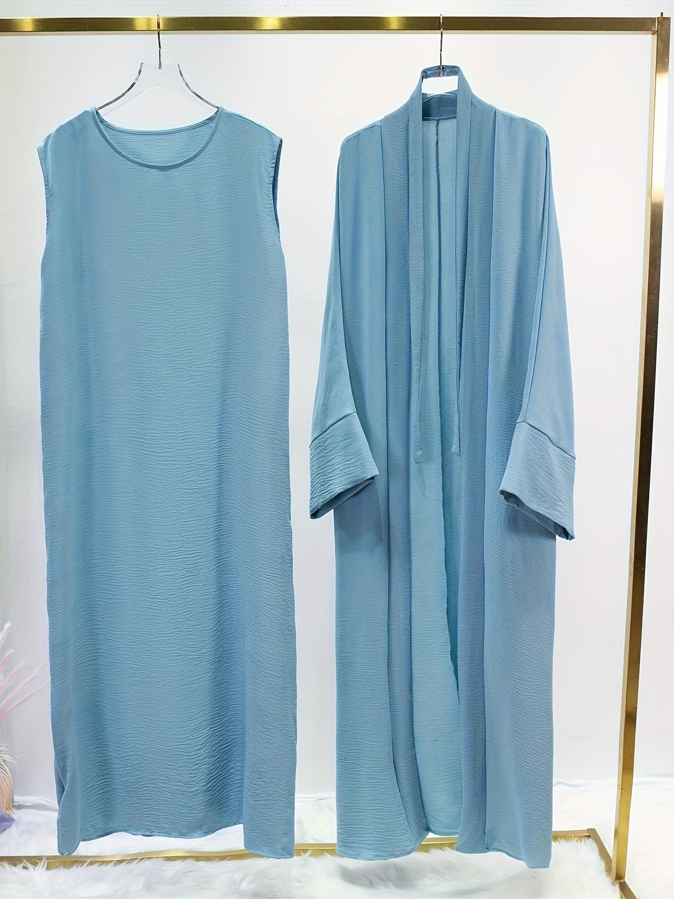 Ramadan Solid Color Modest Pakistani Abaya Set, Casual Crew Neck Sleeveless Tank Dress & Open Front Long Sleeve Tie Cardigan Outfits, Women's Clothing