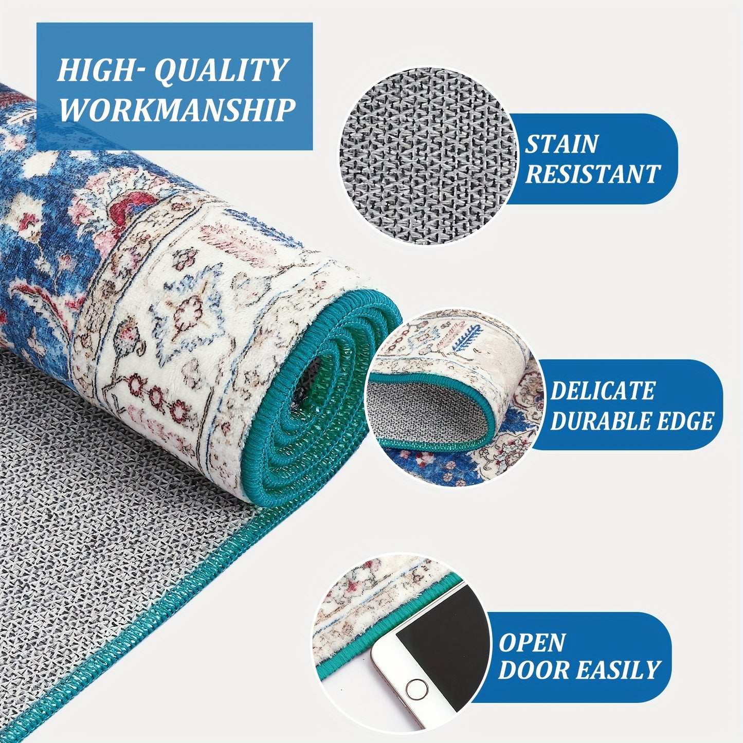 Machine Washable Runner Rug Boho Vintage Rug Non Slip Carpet For Bedroom Hallway Laundry Kitchen, Stain Resistant Dining Room Rugs Floral Oriental Entryway Rug Soft Living Room Rug, Blue
