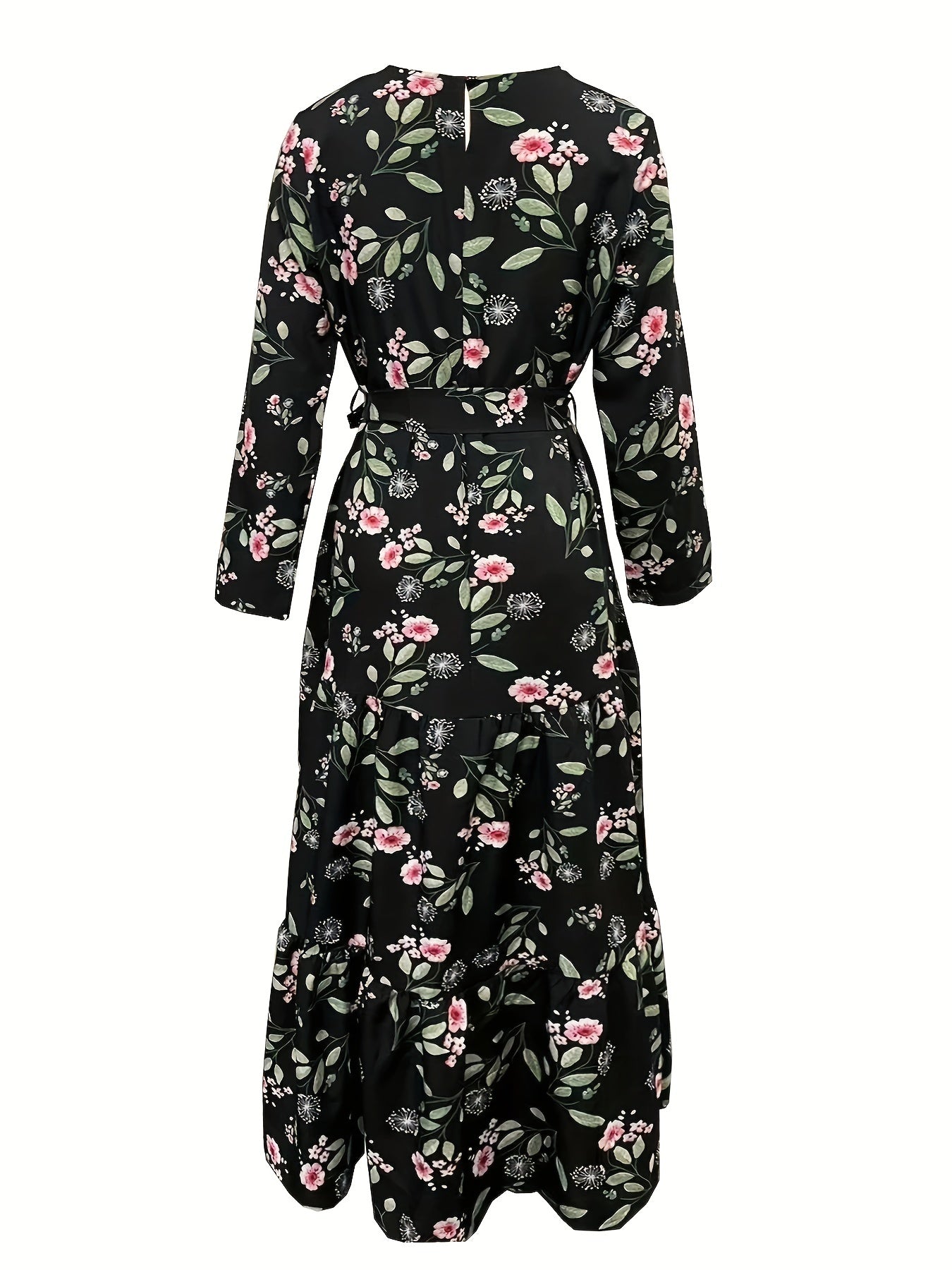 New Women's Elegant Middle Eastern Kaftan Abaya - Black Floral Print with Red Flowers, Long Sleeve Lace-Up Modest Dress, Machine Washable for Spring Summer Fall, Abaya Dress Fancy