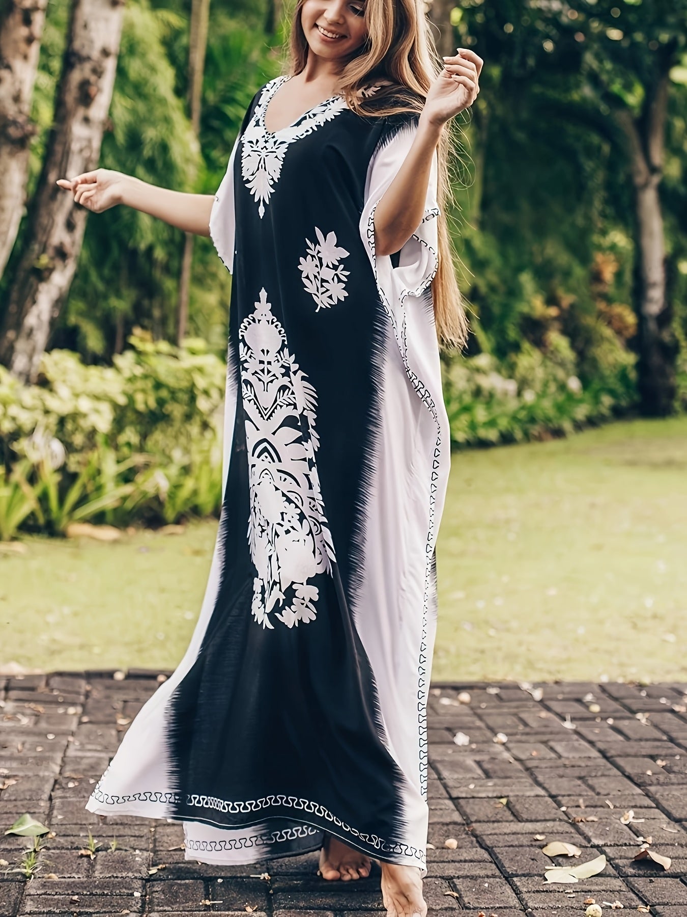 Women's Summer Floral Print Swimsuit Cover Up, Casual V-Neck Half Sleeve Midi Kaftan Beach Dress, Polyester Spandex Blend, Loose Fit with Side Split