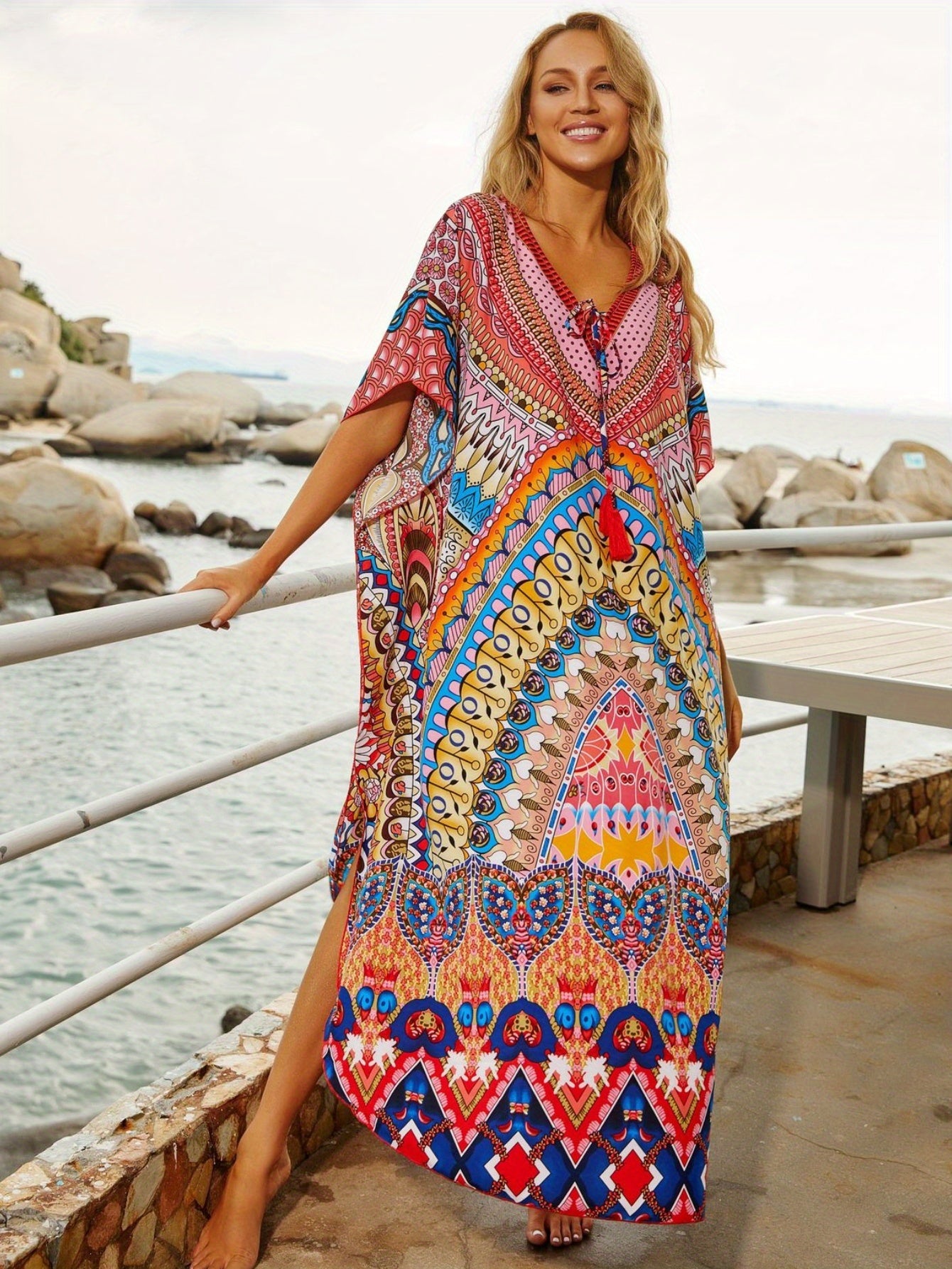 Plus Size, Plus Size Beach Cover Up Maxi Dress - Quick-Dry Sun Protective Swimsuit Kaftan with Side Slits, Lightweight Loose Fit Vacation Dress for Pool Party & Tropical Resort