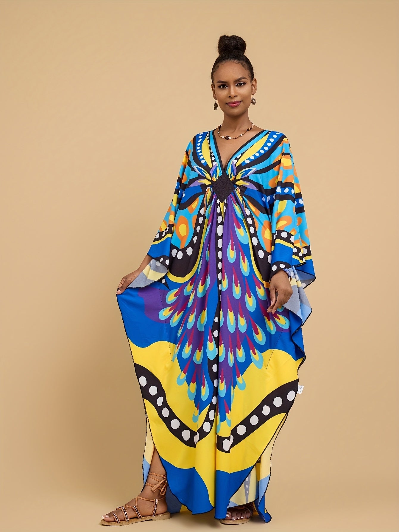 Plus Size - Maxi Dress - Vibrant Butterfly Abaya Cover Up, V-Neck Batwing Sleeve Tunic with Asymmetrical Hem, Loose Fit Long Beach Dress for Women, Spring Summer Fall Casual Outings, Beach Dress