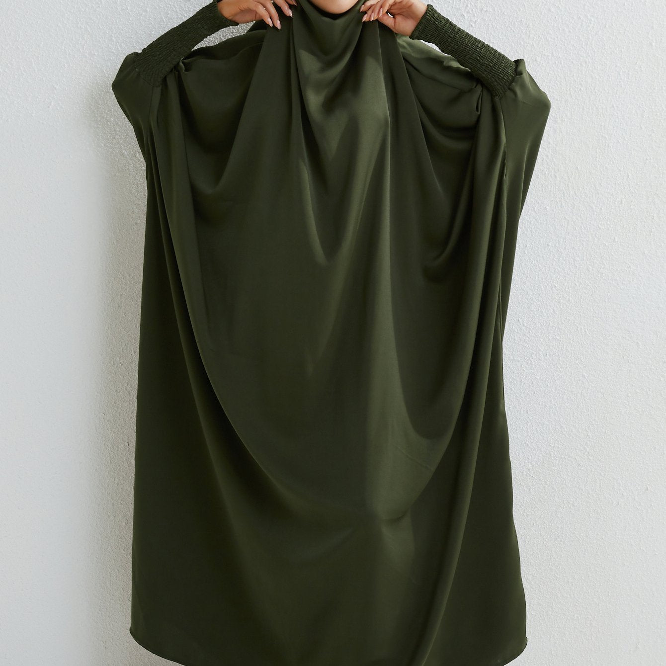 Elegant Loose-Fit Abaya Robe with Built-In Headscarf - Modest Ramadan Prayer Dress, Long Sleeve Butterfly Cuff Traditional Middle Eastern Full-Length Cover Dress, Solid Color Machine Washable, Religious Attire, Allseason Wear