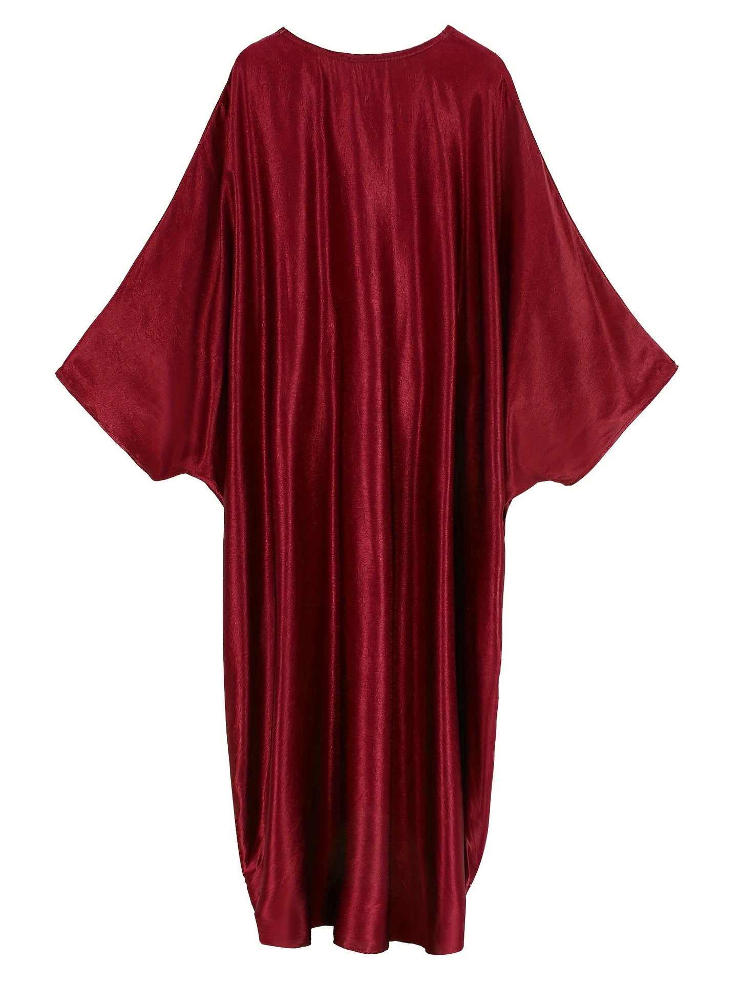 Elegant Red V-Neck Turkish Kaftan Dress with Butterfly Sequin Embroidery & Ruched Hem - Long Sleeve Loose Fit Middle Eastern Abaya for Women, Summer Coverup