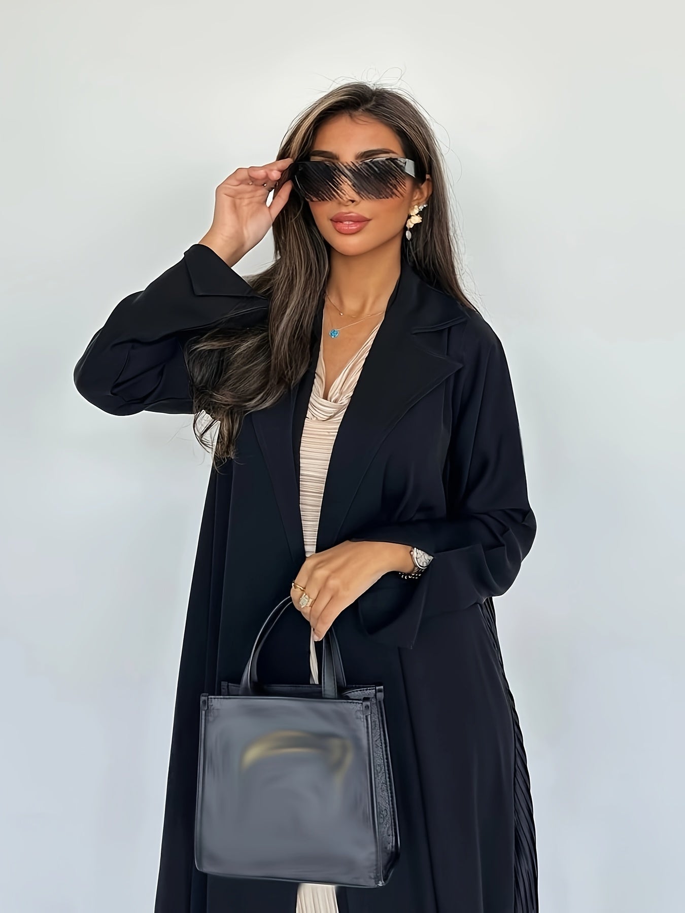 Elegant Black Arabian Fashion Emirati Abaya with Ruffle Detail - V-Neck, Long Sleeve, Floor-Length Kaftan for Women, Casual Style, All-Season Wear, Casual Wear Abaya | Vneck Abaya | Polyester Abaya