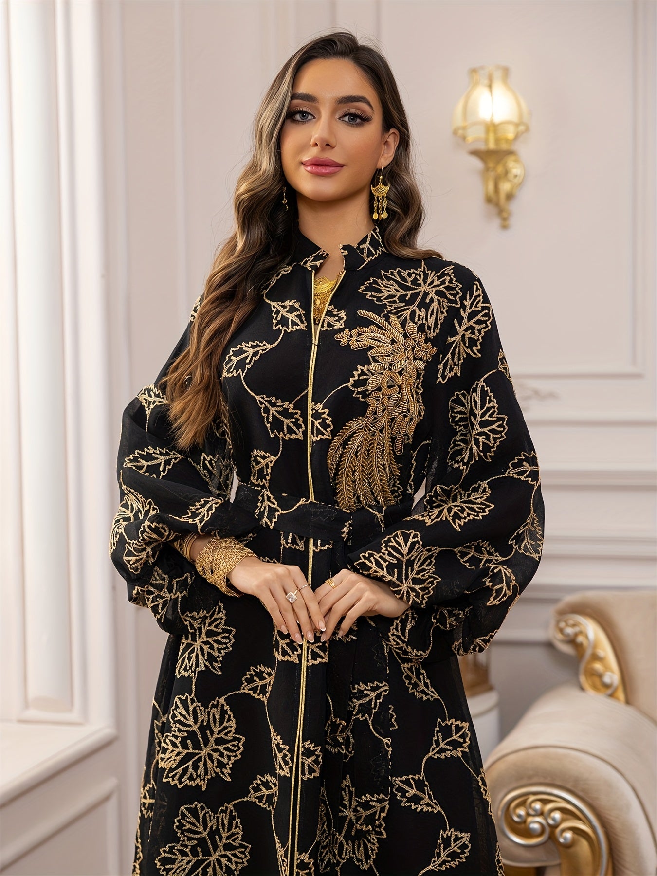 Dubai Floral Embroidery Belted Dress Belt included Lantern Sleeve Maxi Abaya Luxury Woman Evening Dresses Modern Kaftan 2025