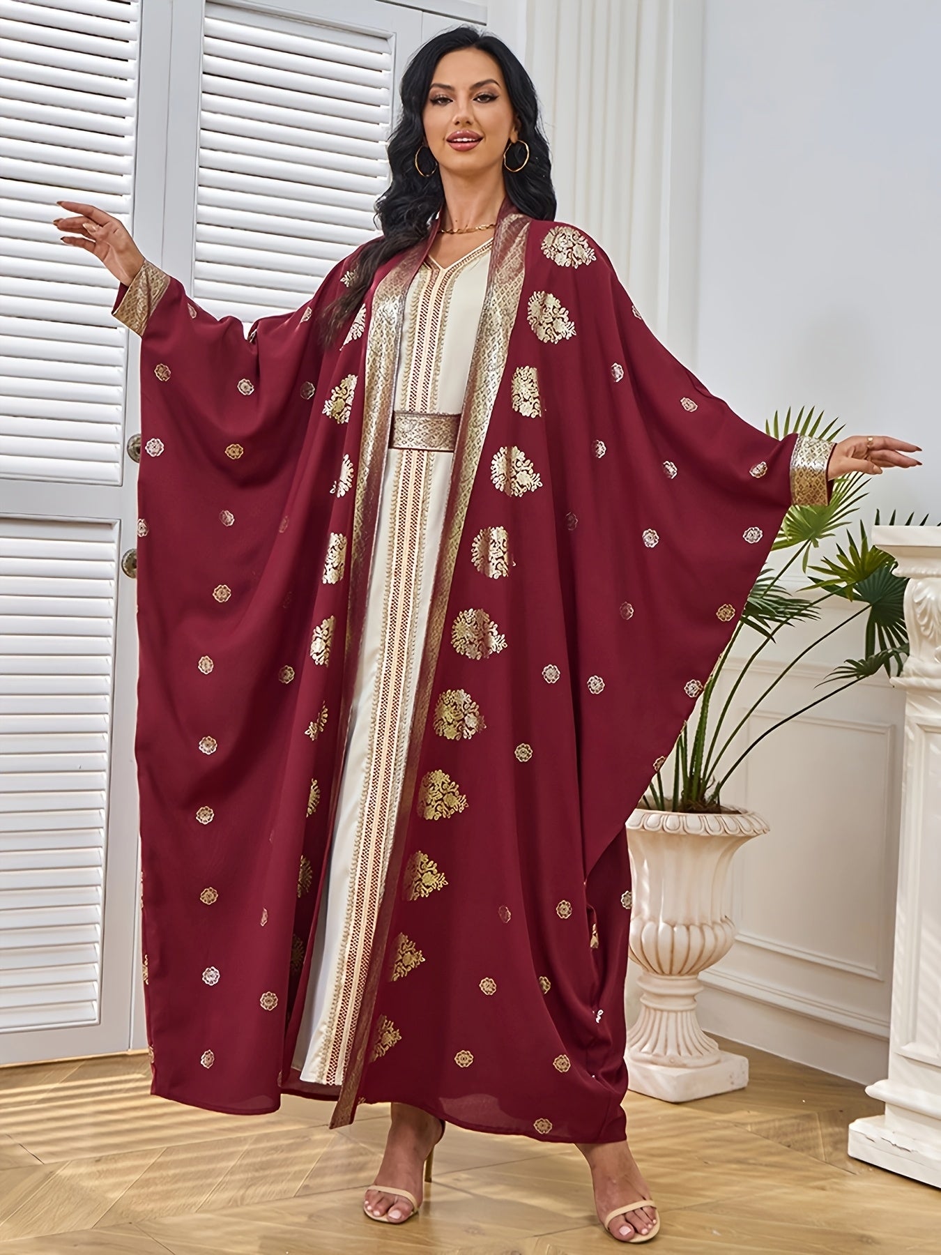 Elegant Maroon & Beige Two-Piece Traditional Dress with Golden Embellishments - Long Sleeve Kaftan Abaya with Batwing Sleeves, Floor-Length Gown for Weddings & Formal Events