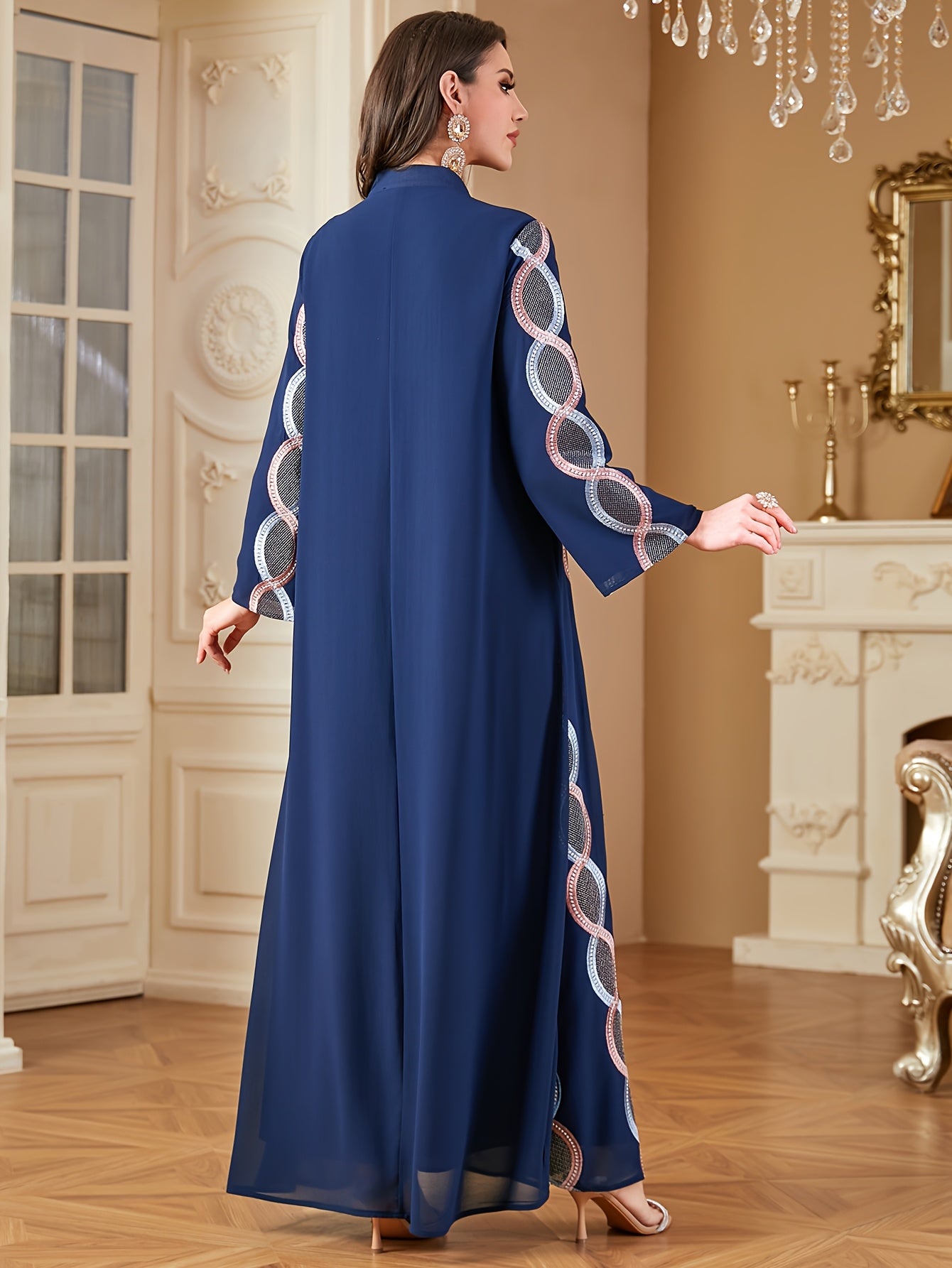 Elegant Navy Blue Embroidered Long Sleeve Maxi Modern Abaya - Stand Collar, A-Line Silhouette, Polyester, Machine Washable, All-Season Wear for Women