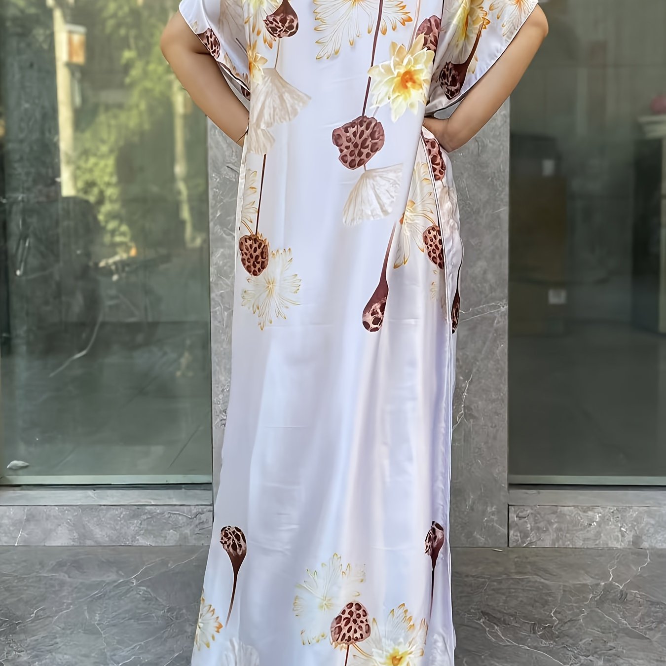 Women's Printed Long Baju Abaya with Scarf- Lightweight Polyester Batwing Sleeves, Loose Round Neck H-Shaped Spring/Summer Outfit, Suitable for Parties and Casual Wear