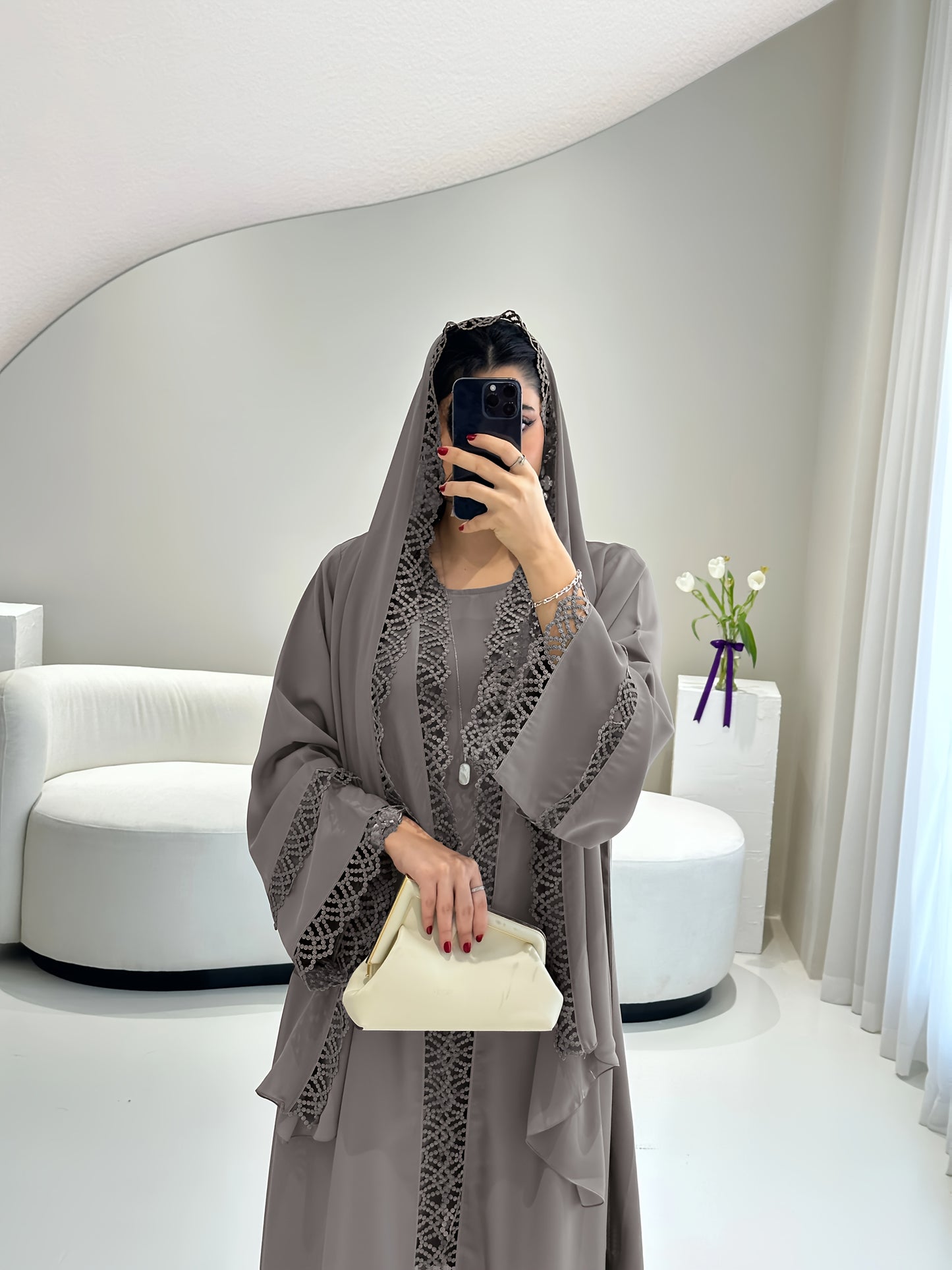 2pcs Muslim Kaftan Abaya Set with Lace Trim | Plus Sleeveless Vest Skirt, Headscarf, for Ramada