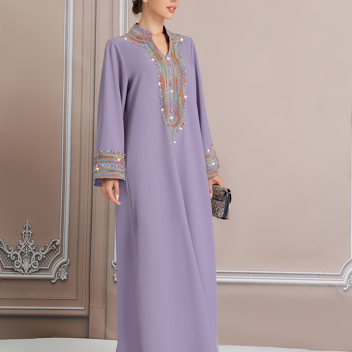 Women's Embroidered Long Kaftan Modern Abaya, Polyester 100% Regular Sleeve, All Season, Woven, 260g/m² Fabric Weight, Tribal Pattern, No Belt, Regular Fit