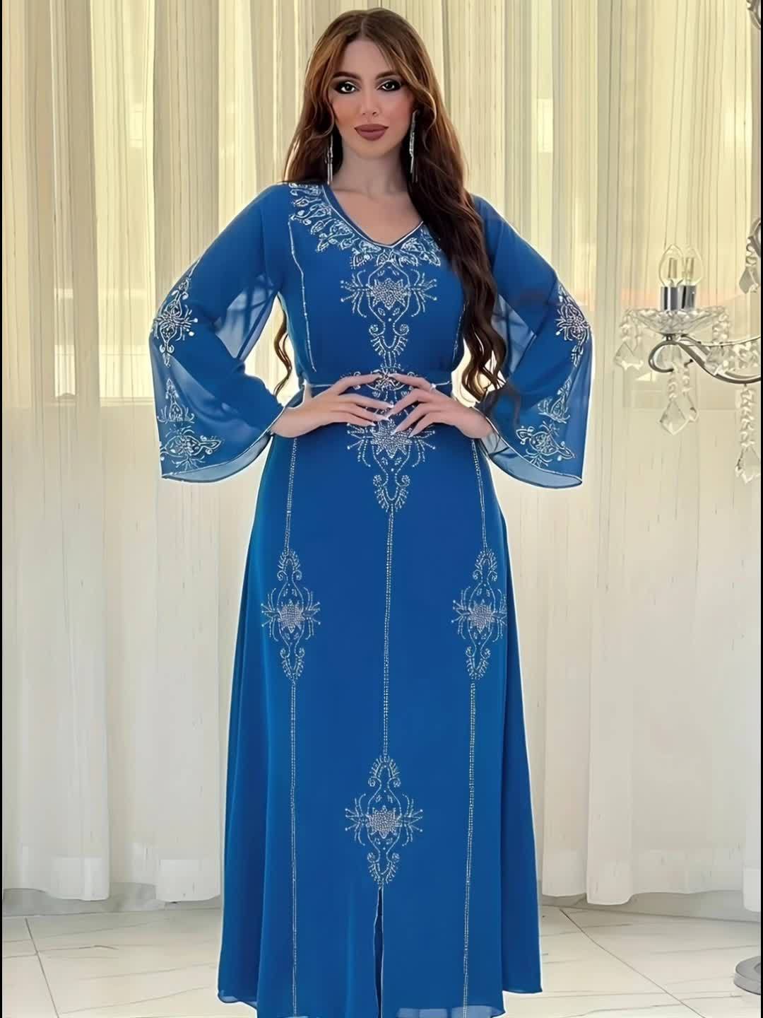 Elegant Rhinestone Embellished Chiffon Dress - Summer Long Robe for Women, Polyester, Machine Washable, Middle Eastern Style Palestinian Abaya