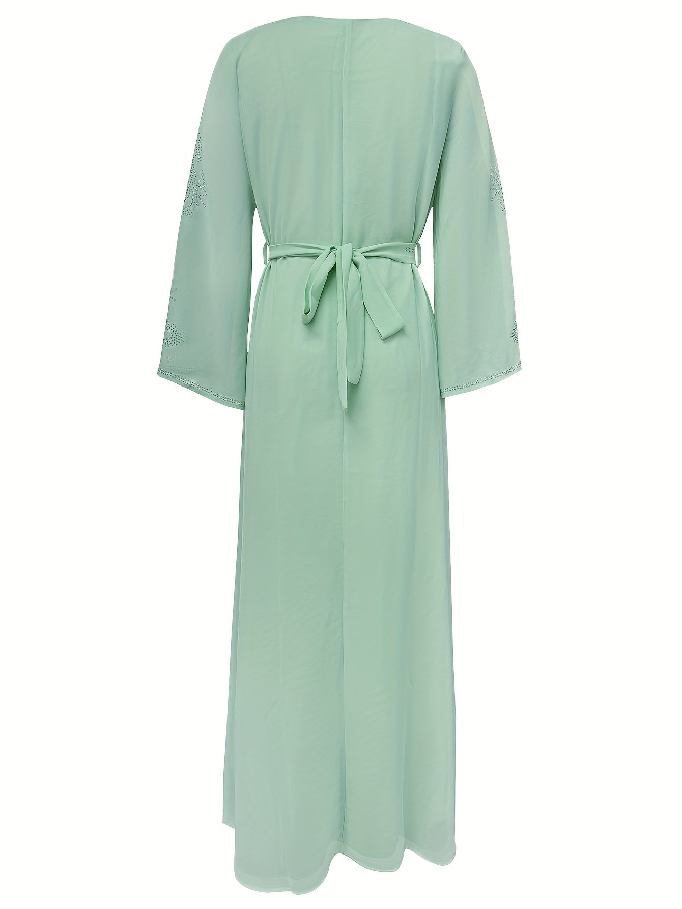 Elegant Rhinestone Embellished Chiffon Dress - Summer Long Robe for Women, Polyester, Machine Washable, Middle Eastern Style Palestinian Abaya