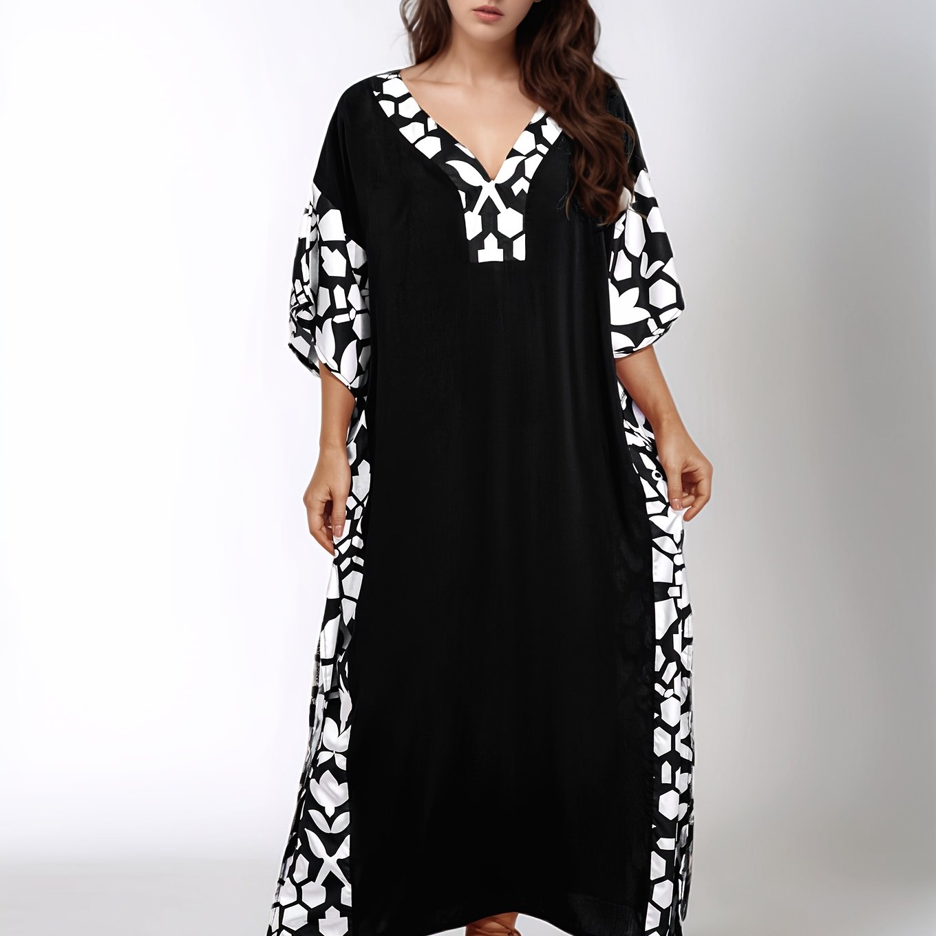 Large Size Long Black Elegant Kaftan Dress with Patchwork Print Loose Beach Bikini Cover, Side Slit Short Sleeved Middle Eastern Long-distance Holiday Style Dress