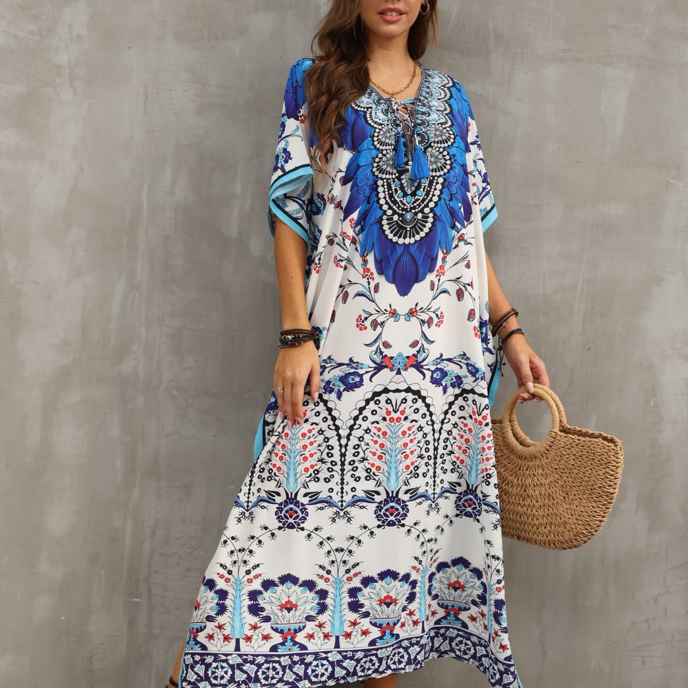 Women'S Kaftan Dresses Flower Print Beach Cover Up Vacation Robe V-neck Side Slit Casual Home Vacation Beach Swimsuit Cover Up Loose Long Dress