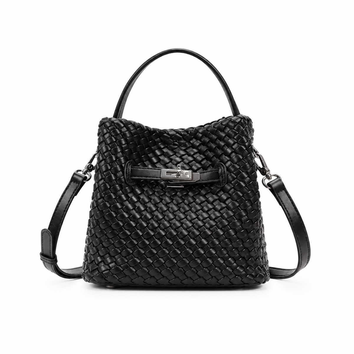 Elegant Black Woven Bucket Shoulder Bag