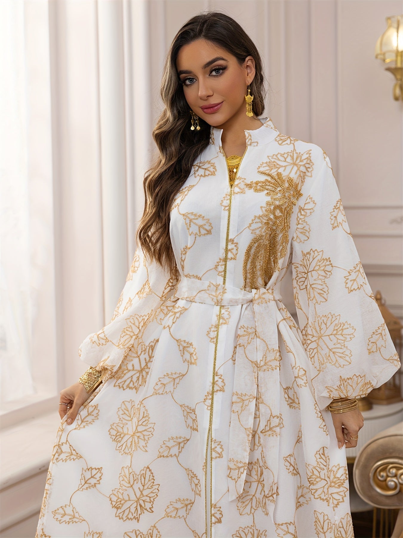 Dubai Floral Embroidery Belted Dress Belt included Lantern Sleeve Maxi Abaya Luxury Woman Evening Dresses Modern Kaftan 2025