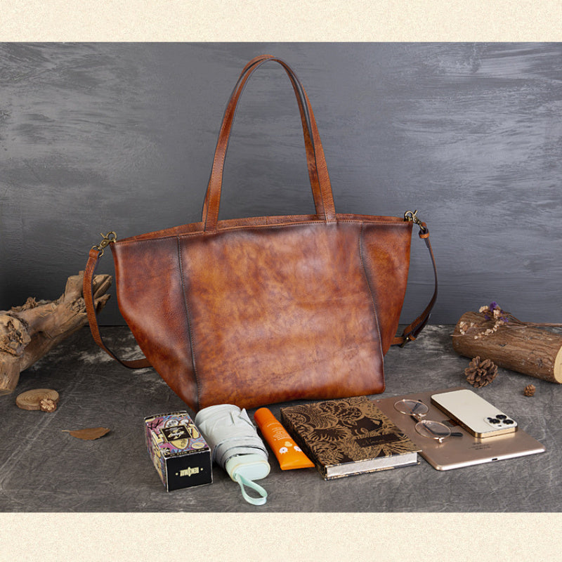 Tanned Cowhide Large Capacity Tote Bag, Genuine Leather One-Shoulder Cross-Span Bag Women's Large Bag Shopping Bag