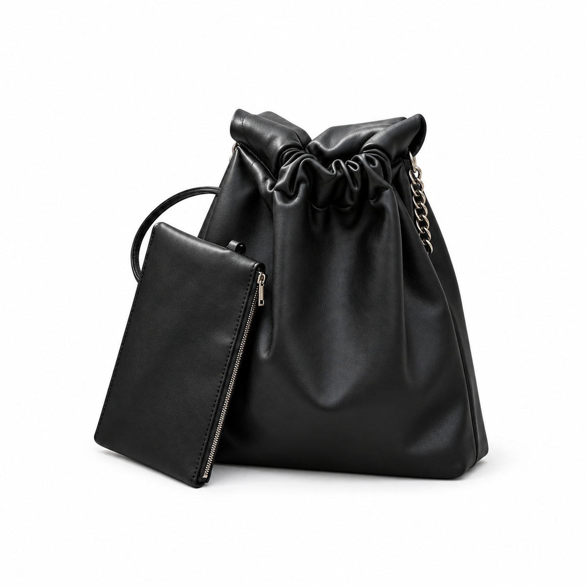 Black Ruched Drawstring Bucket Bag With Pouch