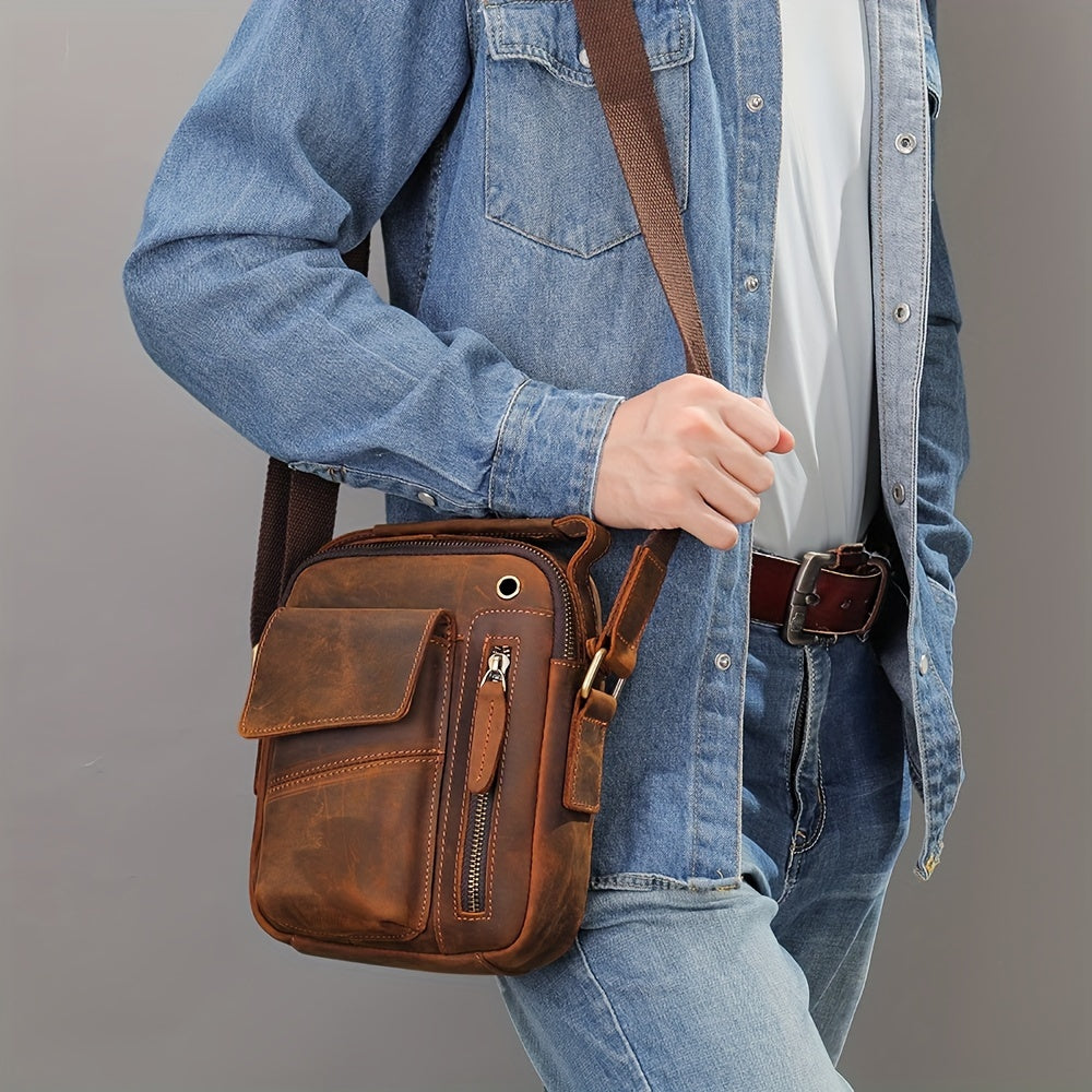 Men's Genuine Leather Vintage Crossbody Sling Bag - Coffee Brown Adjustable Strap, Large Capacity Anti-Theft Multi-Compartment