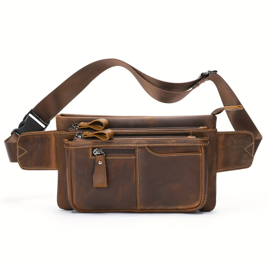 Vintage Crazy Horse Men's Leather Belt Bag - Adjustable Strap, Multi-Pocket Crossbody Chest Bag in Deep Brown for Daily Commute & Outdoor Activities