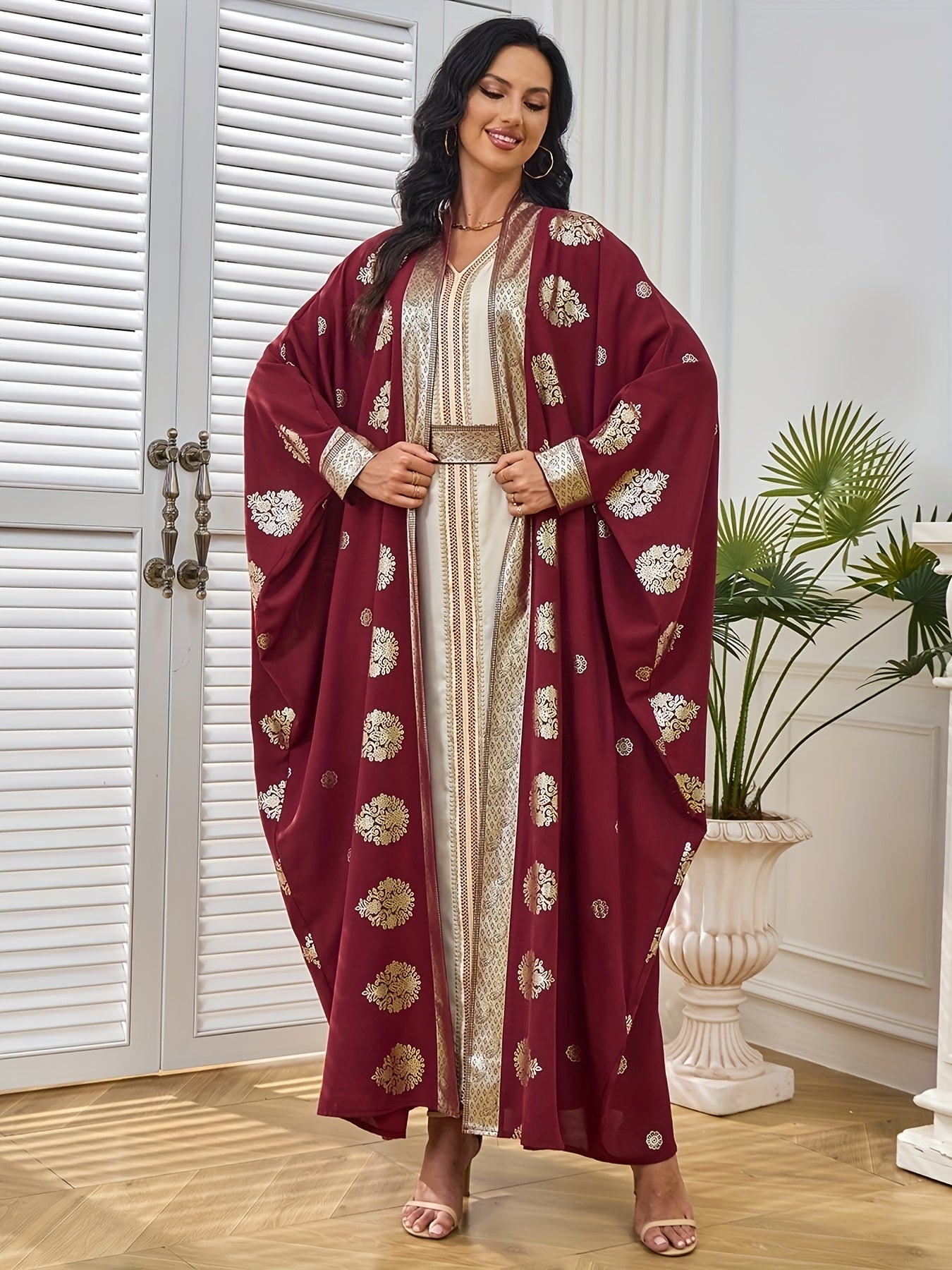 Elegant Maroon & Beige Two-Piece Traditional Dress with Golden Embellishments - Long Sleeve Kaftan Abaya with Batwing Sleeves, Floor-Length Gown for Weddings & Formal Events