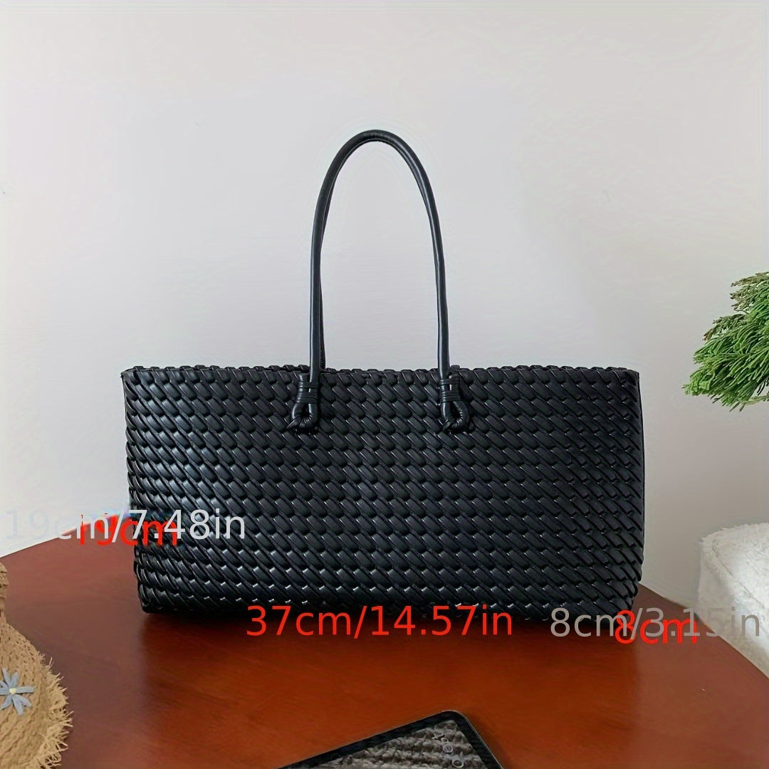 Women's Dual-Sided Woven Large-Capacity Tote Bag - Vegetable Basket Design Handbag with Top Handles & Detachable Shoulder Strap