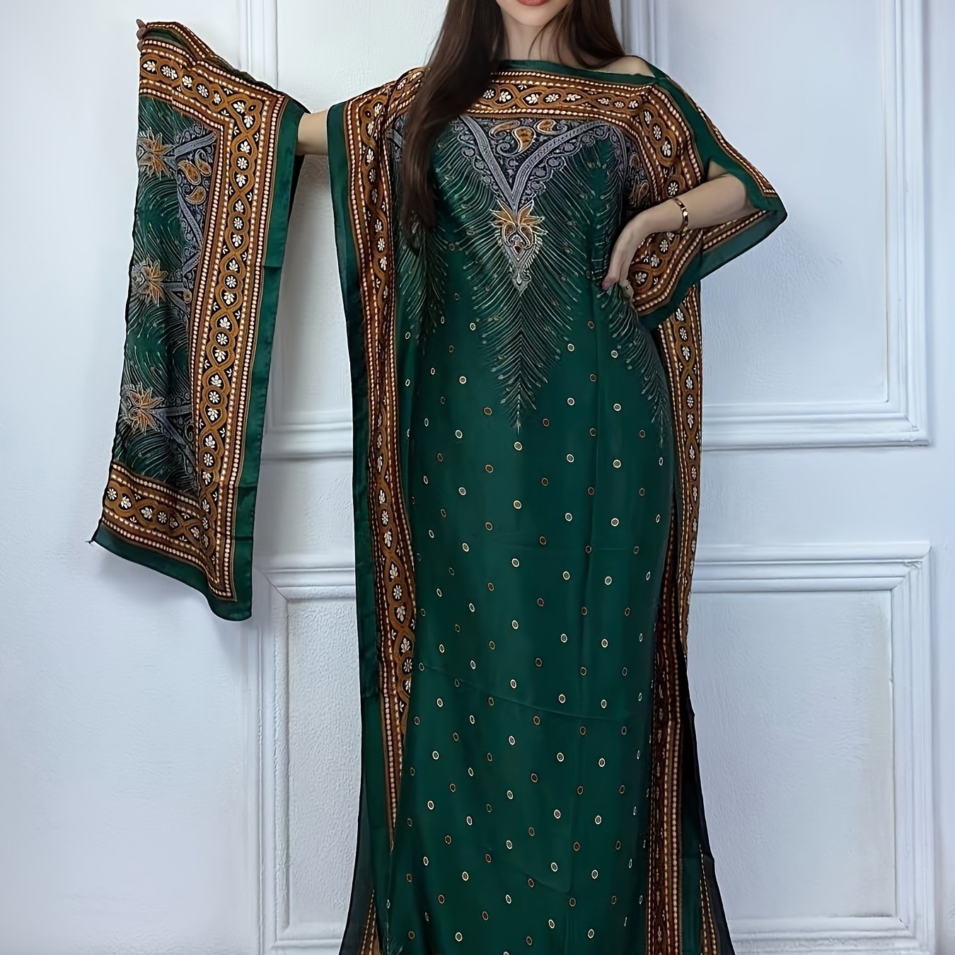 Print Abaya | Women's Clothing | Elegant Short Batwing Sleeve Kaftan | Loose Dress With Scarf | For Spring & Summer