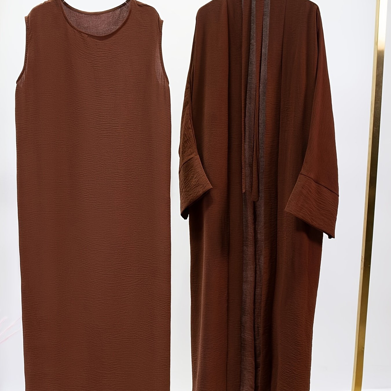 Ramadan Solid Color Modest Pakistani Abaya Set, Casual Crew Neck Sleeveless Tank Dress & Open Front Long Sleeve Tie Cardigan Outfits, Women's Clothing