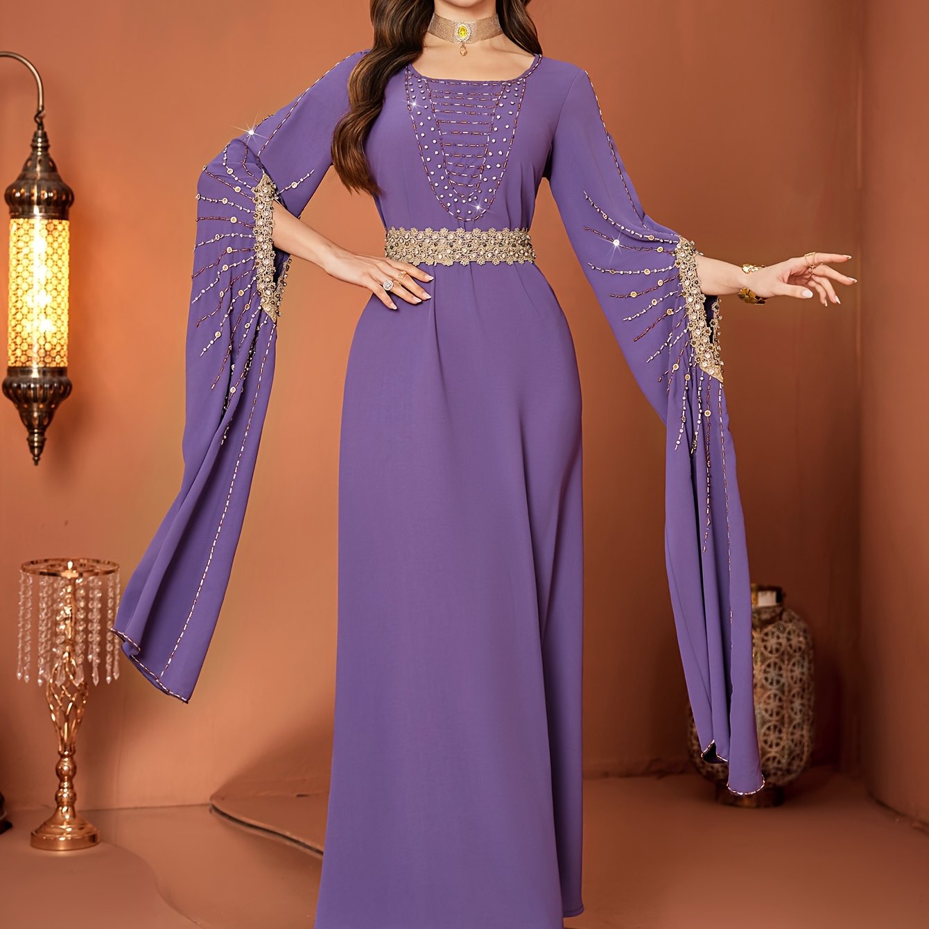 Elegant Lavender Emirati Abaya for Women - Loose Fit, V-Neck with Rhinestone Detail, Long Sleeves, Belted Waist, Perfect for Spring/Summer, Traditional Islamic Fashion, Cultural Attire | Vneck Dress