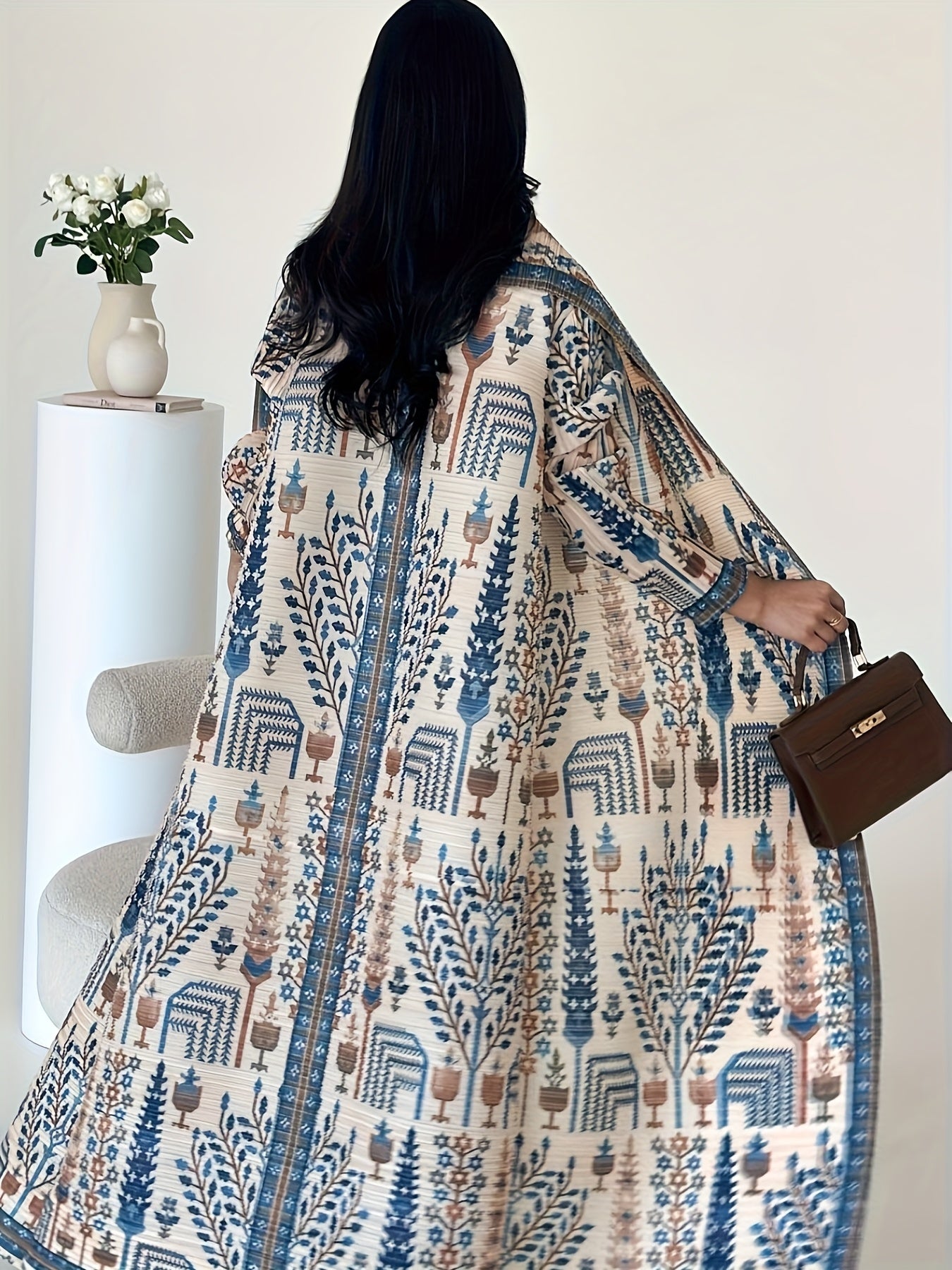 Elegant Palace-Style Geometric Print Robe - Lightweight High-Stretch Polyester Open-Front Abaya with Adjustable Drawstring Waist, Long A-Line Loose Fit for Spring/Autumn