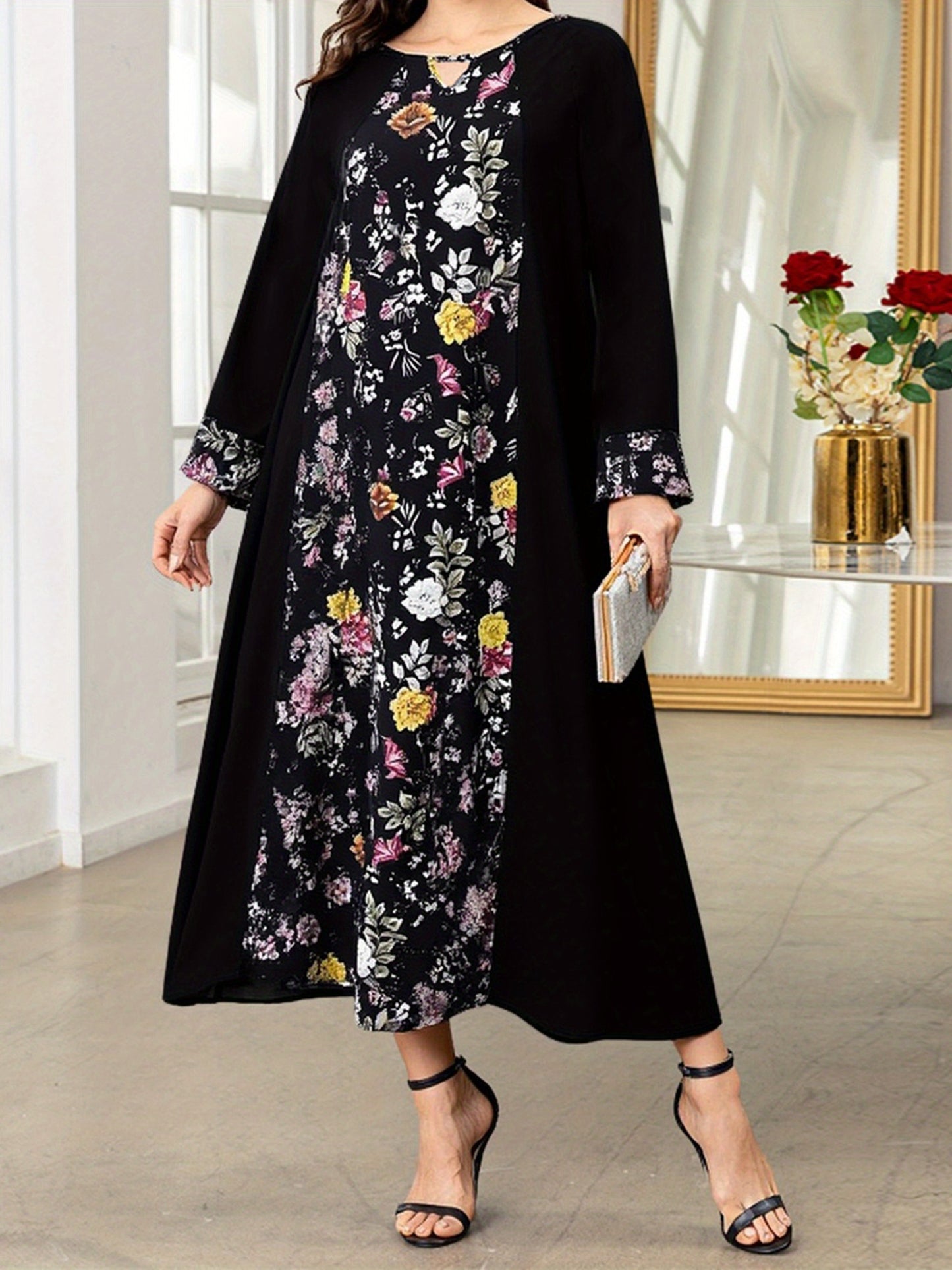 Women's Arabic Abaya Dress Patchwork Floral Print Kaftan Robe Long Sleeve Round Neck Loose Flowy Dress