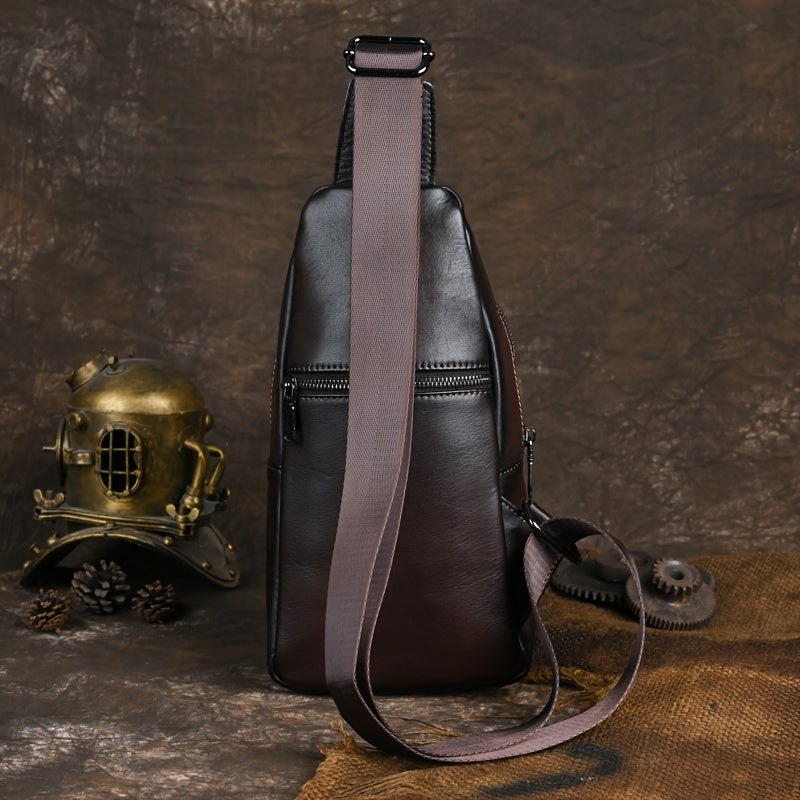 Men's Vintage Genuine Leather Chest Bag - Large Capacity Casual Messenger Shoulder Bag with Zipper Closure, Outdoor Shoulder Bag | Retro Style Bag
