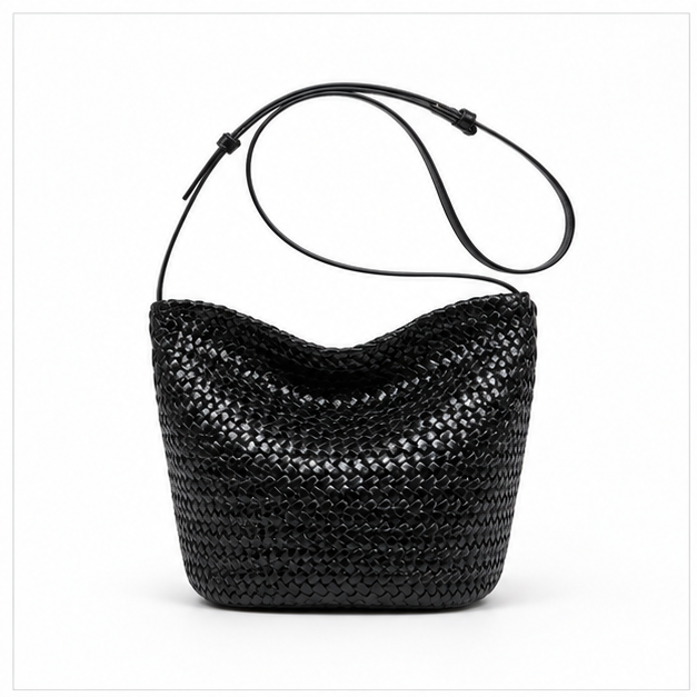 Woven Black Slouchy Adjustable Bucket Bag