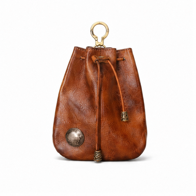 Vintage Brown Leather Drawstring Key Pouch Bag