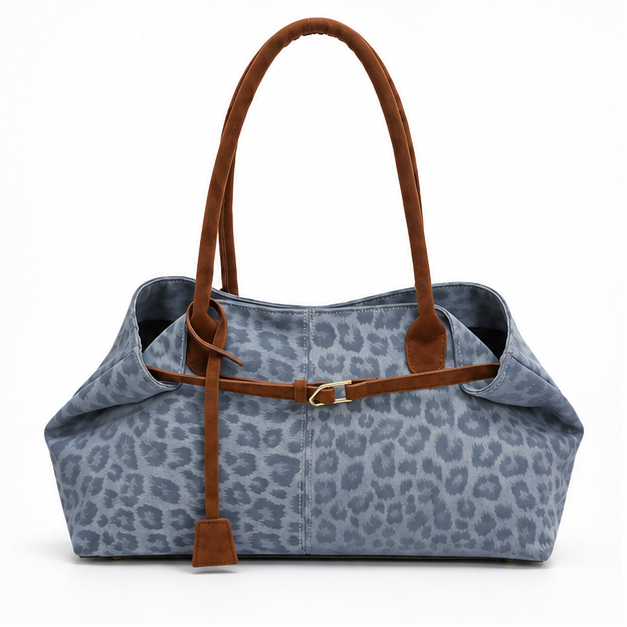 Blue Leopard Print Suede Trim Tote