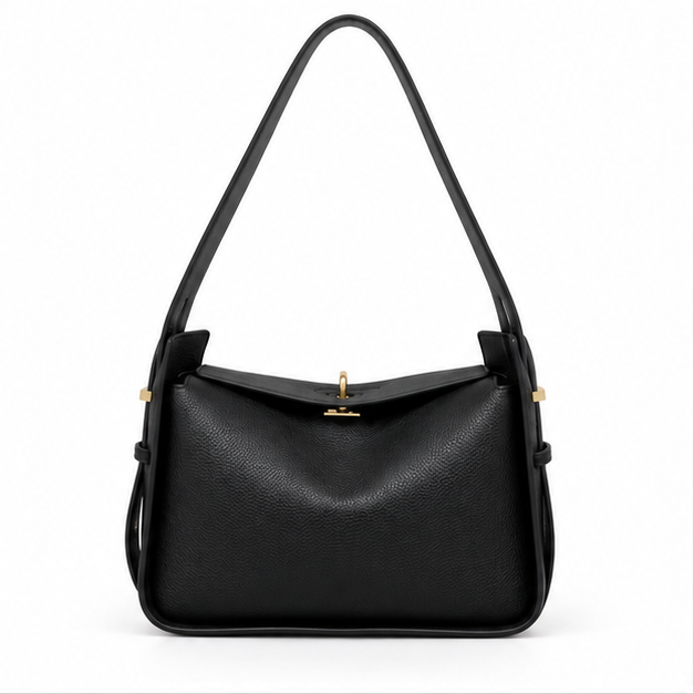Black Pebbled Leather Shoulder Handbag