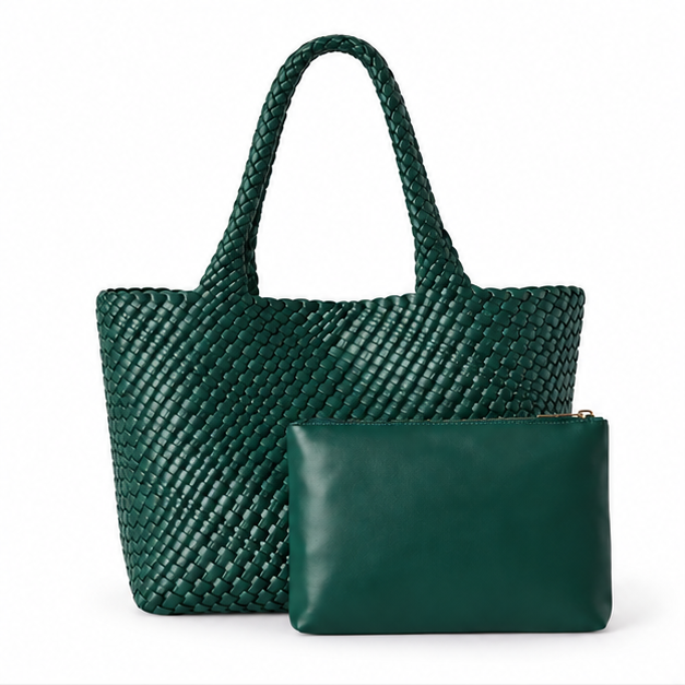 Emerald Woven Tote Bag With Pouch