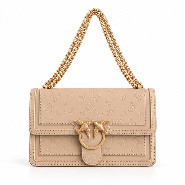 Khaki Embossed Gold Chain Shoulder Bag