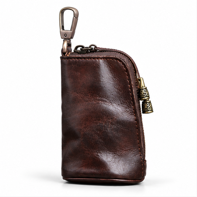 Vintage Coffee Leather Zipper Key Pouch