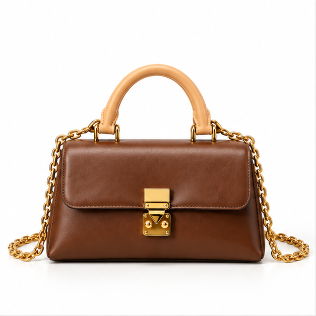 Brown Leather Chain Handle Shoulder Bag
