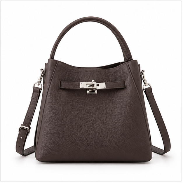 Elegant Brown Structured Leather Bucket Handbag