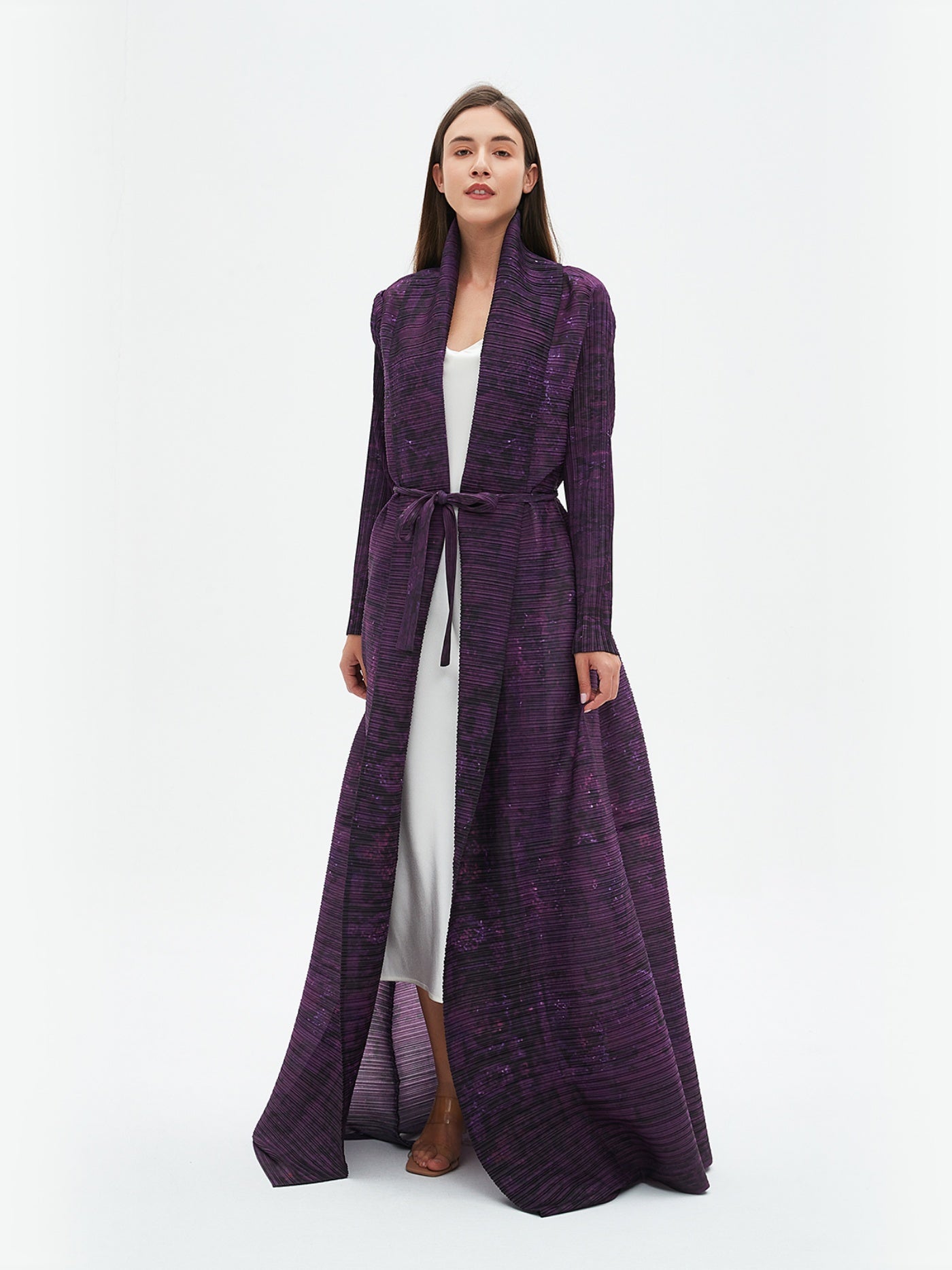 Elegant Long Robe for Eid al-Fitr - Women'S Stylish Geometric Print Maxi Abaya with Tie Waist, Lightweight Polyester, Perfect for Spring, Summer & Fall, Middle Eastern Fashion, Long Sleeve