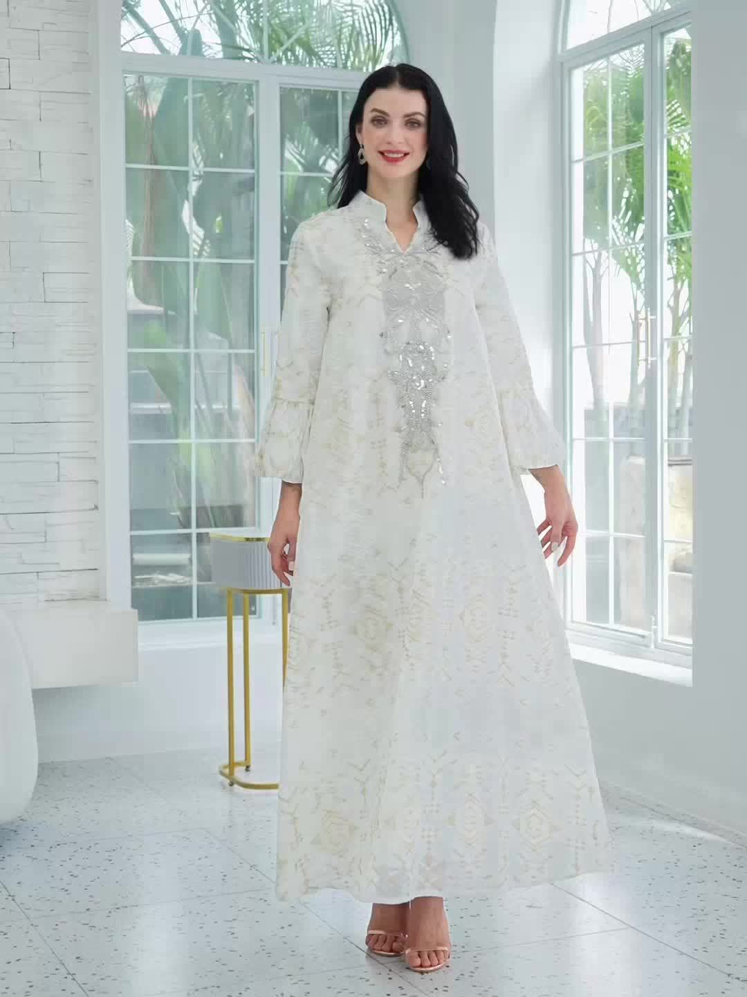 Elegant Women's Traditional Middle Eastern Abaya Dress with Embroidered Mesh Overlay - Long Sleeve, Belted Waist, Loose Fit, Geometric Pattern, White & Golden Design for Spring/Summer/Fall, Cultural Attire | Intricate Embroidery