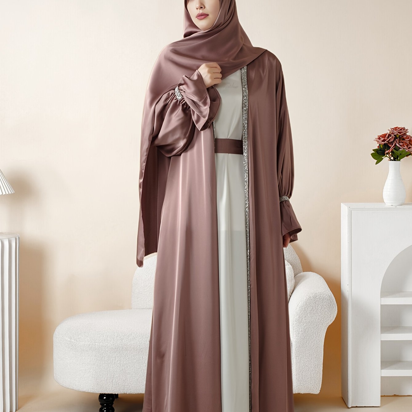 4pcs Set: Poet Sleeve Satin Abaya Eid al-Adha Abaya Muslim Women's Ramadan, Eid al-Fitr, Eid al-Adha, Mawlid, Prayer dress gown robe outfit long robe outfit comfortable soft breathable