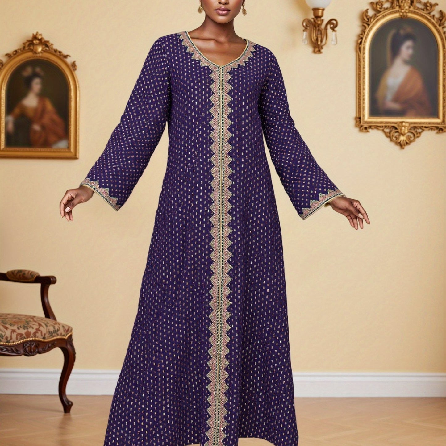 Elegant V-Neck Long Sleeve Baju Abaya Dress for Women - Green & White Polka Dot, Loose Fit with Pockets, Perfect for Daily Wear, Spring/Fall Fashion, Casual Attire | V-neck Dress | Polyester Fabric