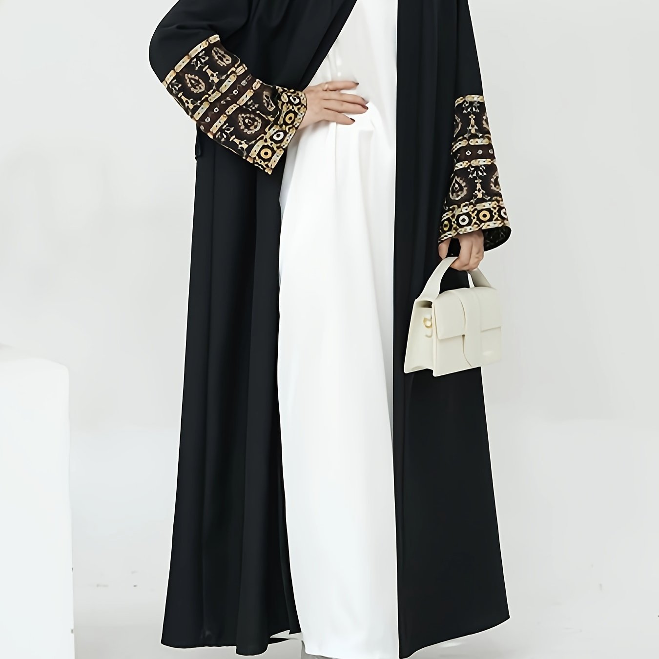 Elegant Middle Eastern Turkish Abaya Robe with Golden Embroidery - Black & White Contrast Traditional Islamic Dress, Machine Washable Lightweight Cover-Up for Spring Summer Fall, Modest Apparel
