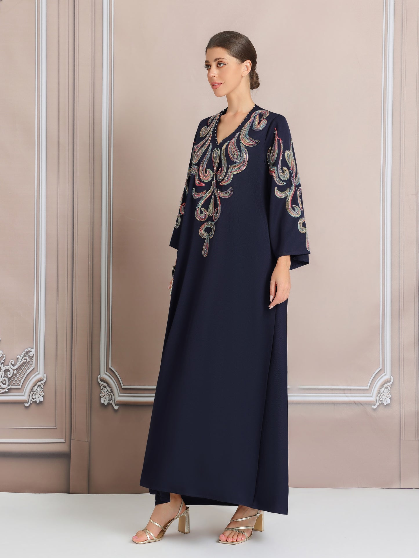Women's Elegant Embroidered Kaftan Abaya, Long Sleeve Polyester 100% Regular Fit, Solid Color with Pearl Details, All Season Versatile Dress, No Belt, Woven Fabric