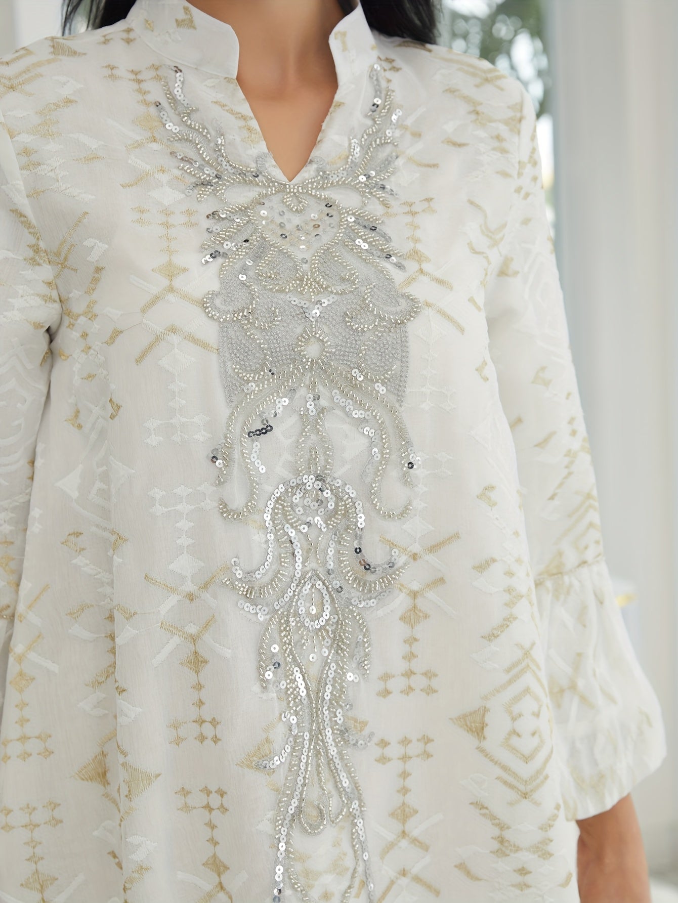 Elegant Women's Traditional Middle Eastern Abaya Dress with Embroidered Mesh Overlay - Long Sleeve, Belted Waist, Loose Fit, Geometric Pattern, White & Golden Design for Spring/Summer/Fall, Cultural Attire | Intricate Embroidery