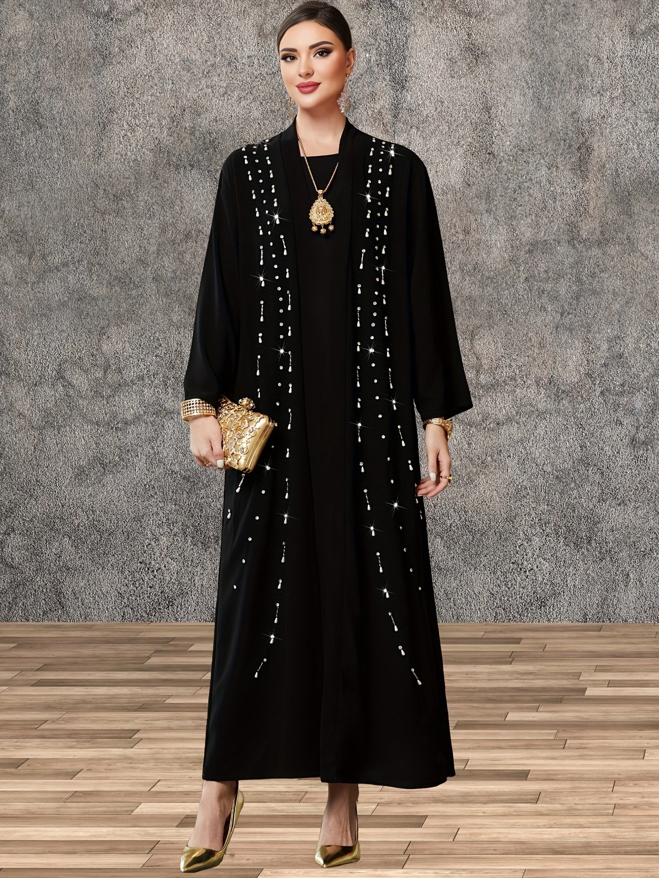 Elegant Black Maxi Kaftan Cardigan with Pearl Accents - Long Sleeve, Open Front Abaya, Polyester, Non-Stretch Fabric for Women | Ideal for Middle Eastern Style & Travel Outfits